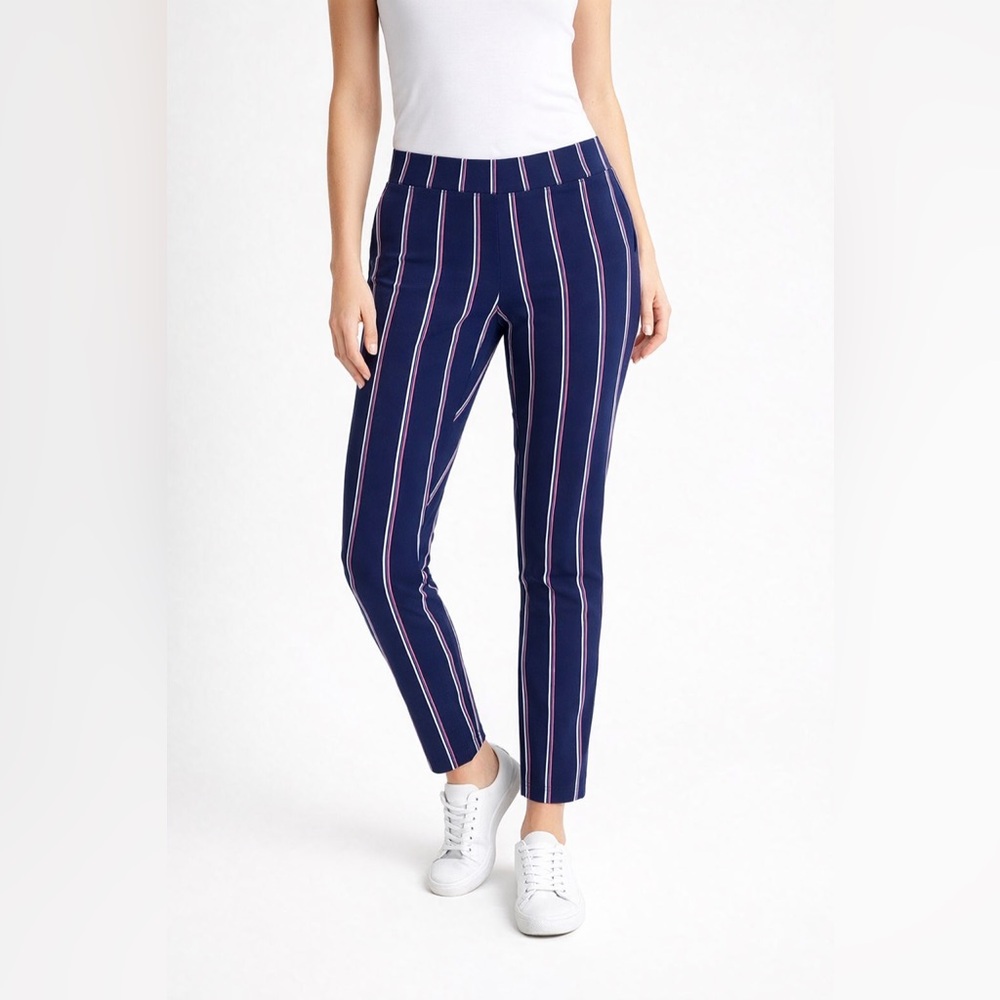 Old Navy Stevie Medium Pants Ankle Crop Pull On Stretch Waist Pinstripe Blue Red